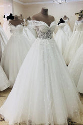 Princess Long Off Shoulder A-line White Wedding Dress with Lace